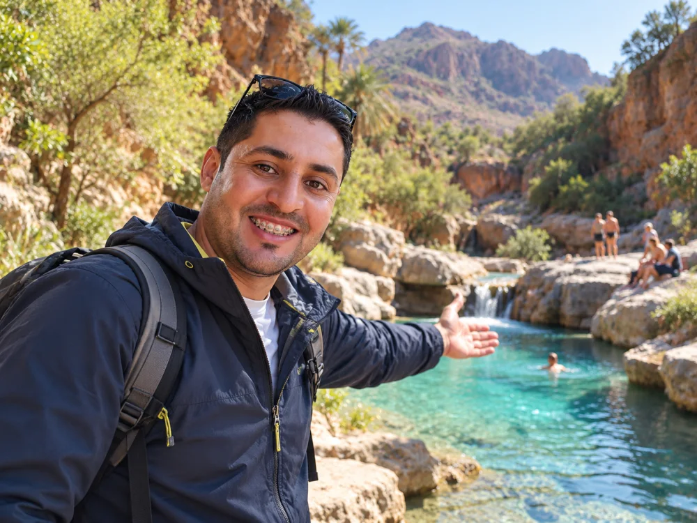 A local Agadir guide beside a Paradise Valley pool