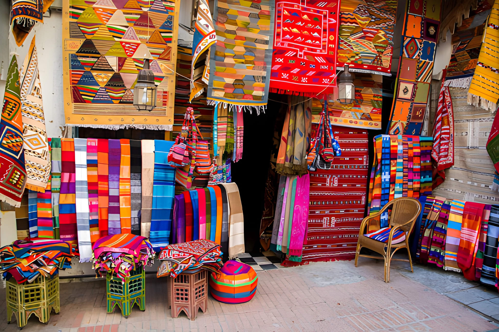 Vibrant Souk El Had Agadir market stall with colorful Berber rugs traditional Moroccan textiles and handcrafted leather goods